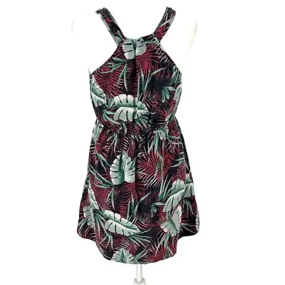 Madewell Silk Tropical Palm Print Racerback Mini Dress Sz 2 Black Green Red Mini - Picture 4 of 10